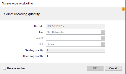 Store Transfer Receiving Item Dialog